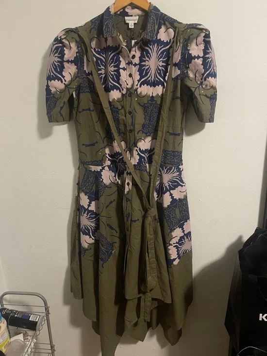 Olive Floral Print Button-Front Shirt Dress with Tie Waist - Picture 4 of 9